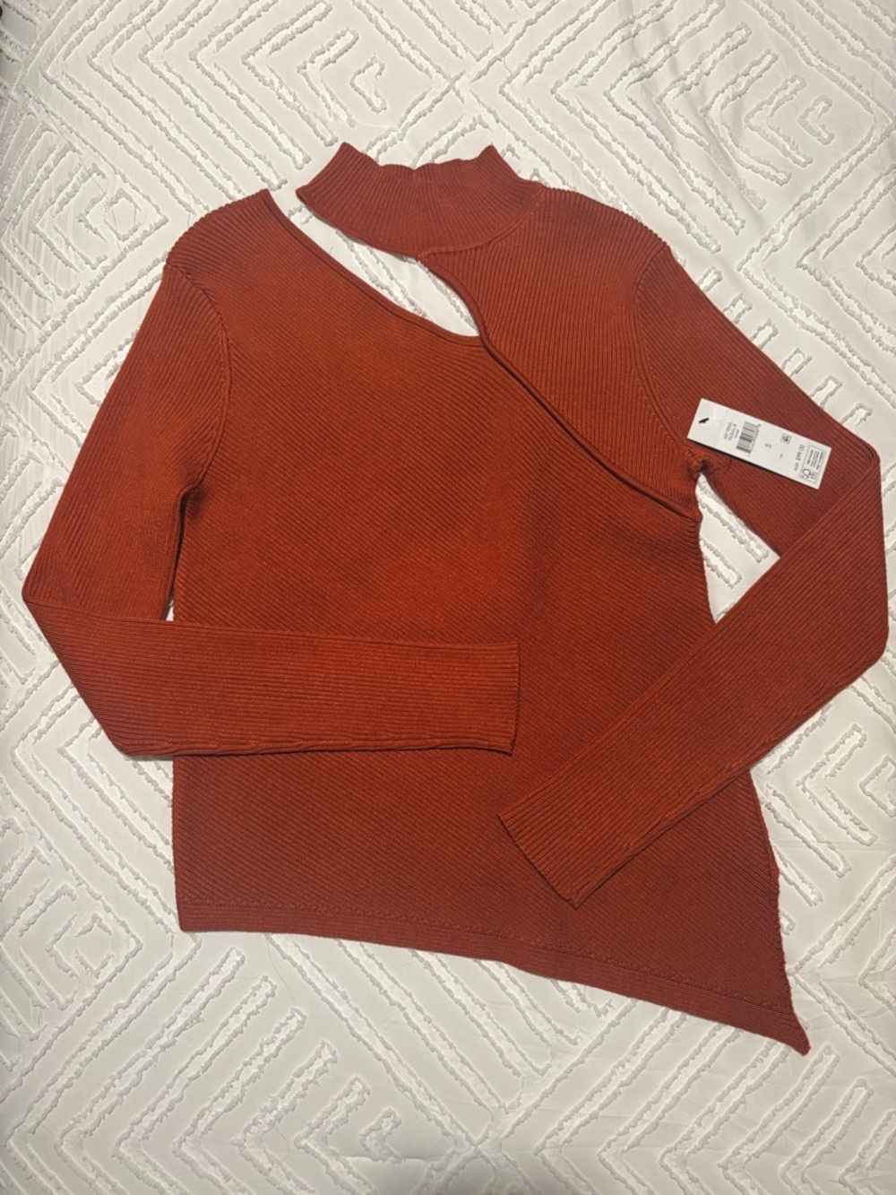 DKNY Ribbed Cutout Mock Neck Sweater - Rust size Medium